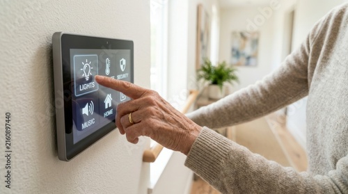 Senior person using wall mounted touch screen control home automation systems like lighting security.