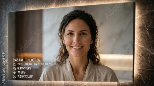 Smiling woman looking smart mirror displays health statistics weather information bathroom