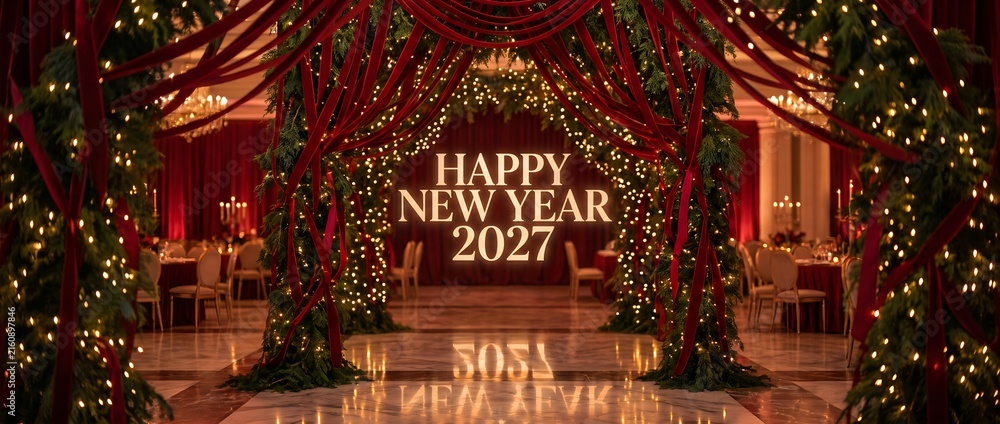 Fototapeta premium Elegant Festive New Year 2027 Celebration Hall Decorated with Luxurious Red Ribbons and Lights