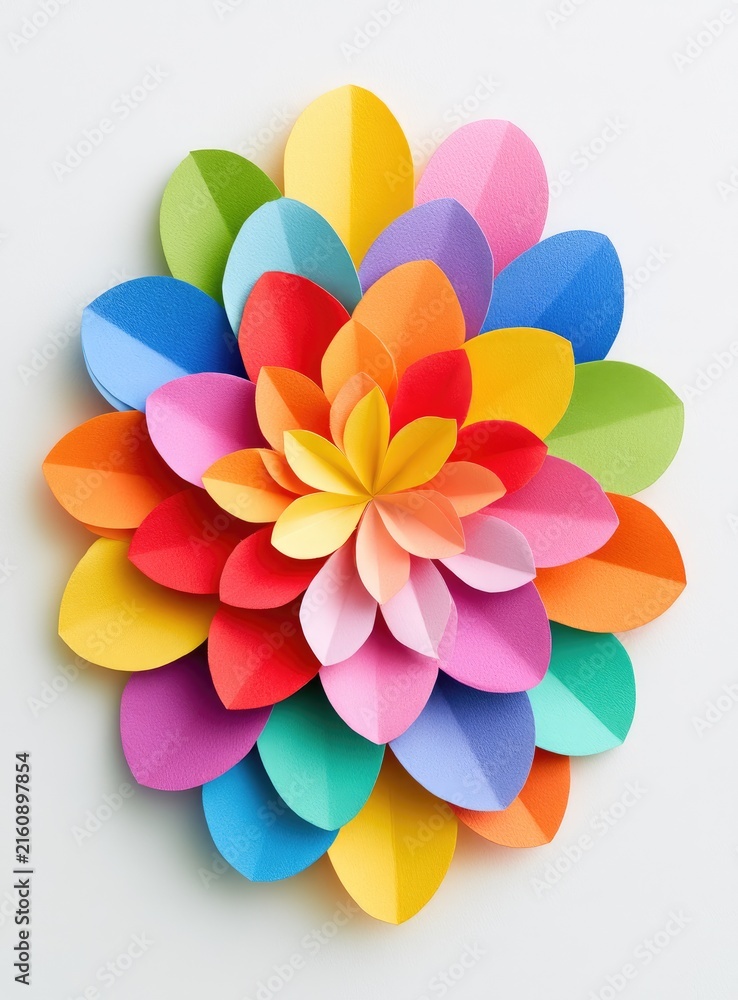 Fototapeta premium Colorful paper petals form a vibrant, layered bloom on a clean white surface