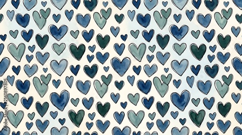 Seamless pattern with hand drawn watercolor hearts in shades of blue and gray on a white background