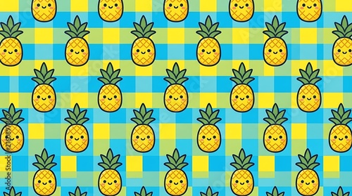 Seamless pattern with cute cartoon pineapples on a blue and yellow checkered background for summer fabric design