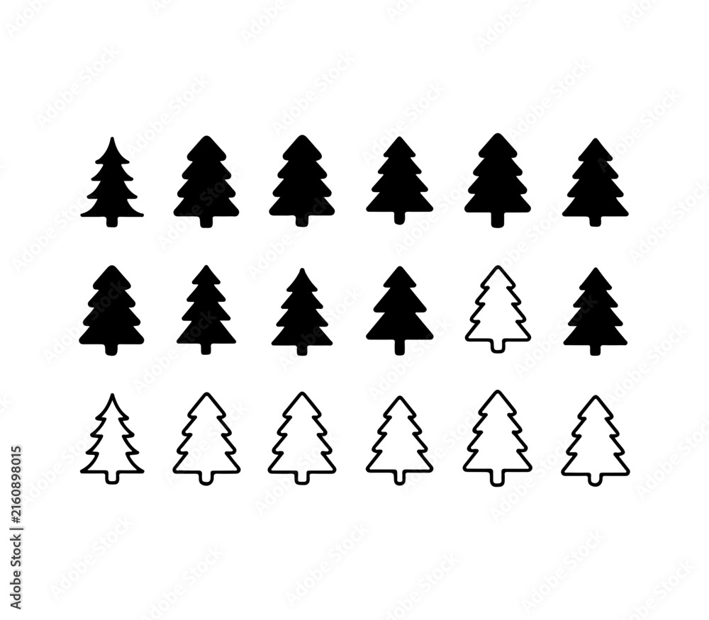 Obraz premium Assorted evergreen pine tree silhouettes and thin line icons set for winter nature forest landscape.