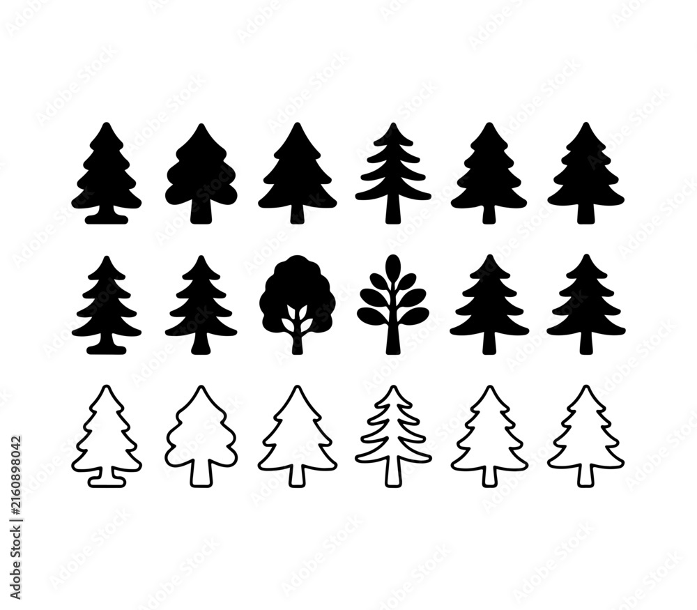 Obraz premium Varied black forest tree silhouettes including oak and pine icons for environmental landscape design.