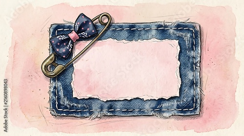 Decorative rectangular frame made of blue denim fabric with a cute bow on a soft pink background
