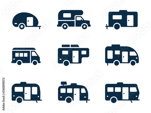 Recreational vehicle flat silhouette icon set featuring camping trailer motorhome caravan camper van and road trip transport vectors
