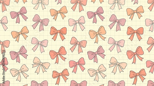 Seamless pattern with hand drawn pink bows on a light cream background for feminine textile design