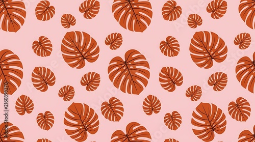Seamless pattern of brown monstera leaves on a soft pastel pink background for modern tropical design