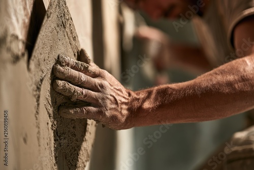 A builder's rough hands apply plaster to a wall, focused on the detailed texture