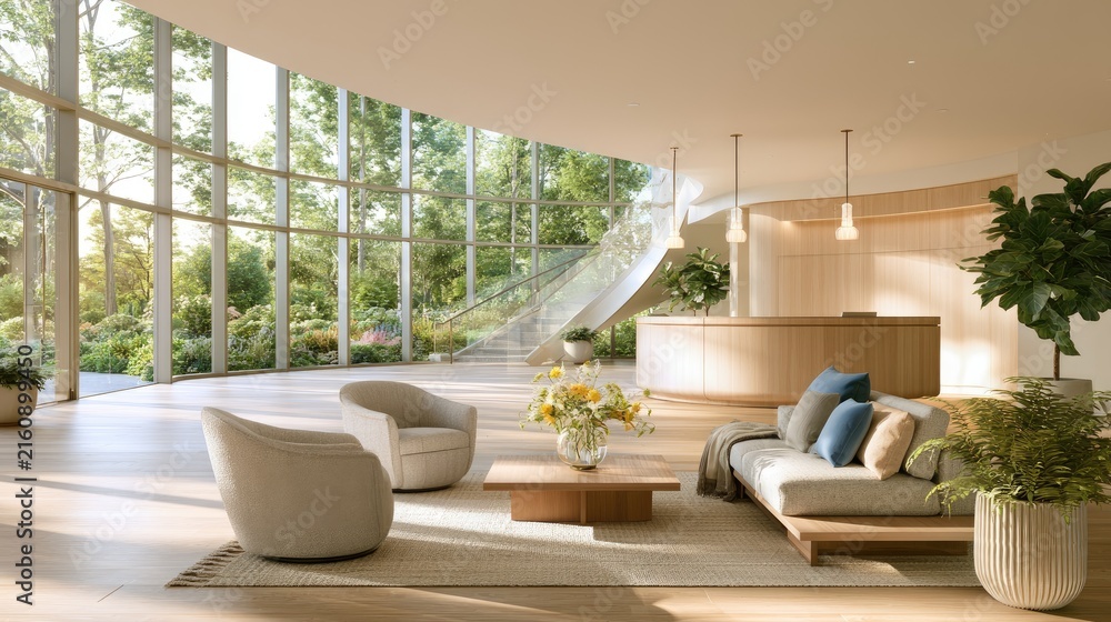 Fototapeta premium Modern reception area with curved windows and natural light