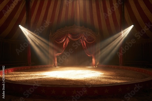 A dimly lit circus ring with dramatic spotlight beams illuminating a draped stage