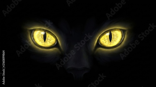 Mysterious Black Cat Eyes Glowing in the Dark Night.
