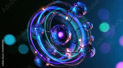 Abstract atomic model with glowing orbs and swirling colorful energy rings