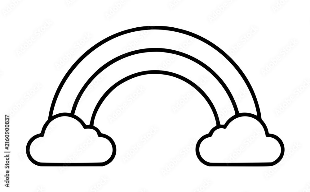 Fototapeta premium Hand-drawn double rainbow with two clouds, minimalist line art vector illustration, monochrome outline design, simple contour drawing, decorative weather motif, clean vector icon, celestial arc symbol