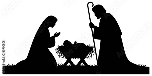Cuadro en lienzo Black silhouette of the nativity scene featuring mary, joseph, and baby jesus in
