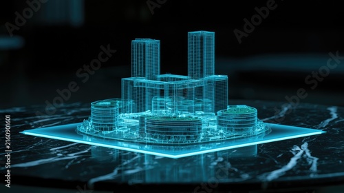 Futuristic blueprint of a city model displayed on a glowing platform