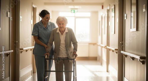 Caring nurse assisting elderly woman with walker down a sunlit hospital corridor
