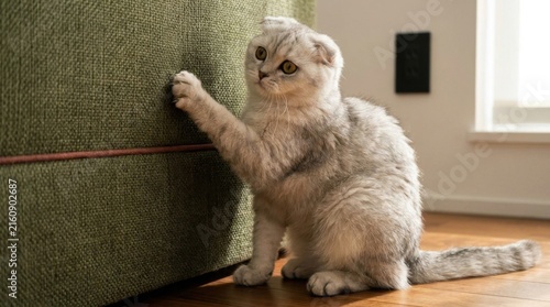 Fototapeta kuchenna Scottish Fold Cat Scratching Sofa Furniture Indoors.