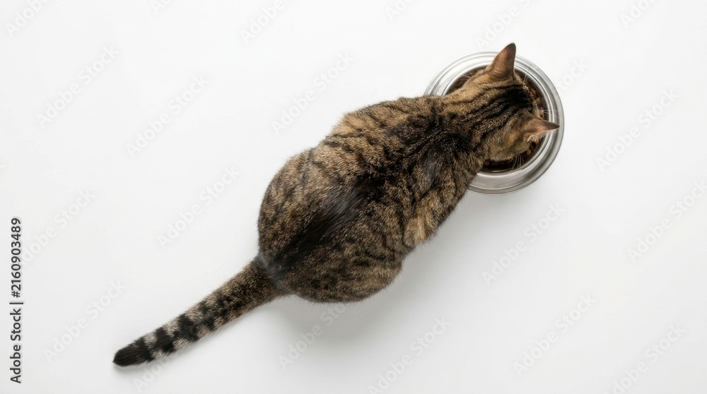 Fototapeta premium Tabby Cat Eating Food From Metal Bowl Overhead View.