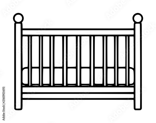 Hand-drawn vector icon illustration of a classic wooden baby crib featuring vertical slats, round finials, and a clean line-art style perfect for nursery designs, parenting apps, and baby product