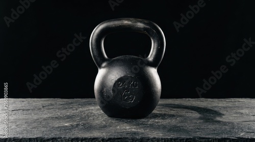 A black 24 kg kettlebell resting on a dark slate surface