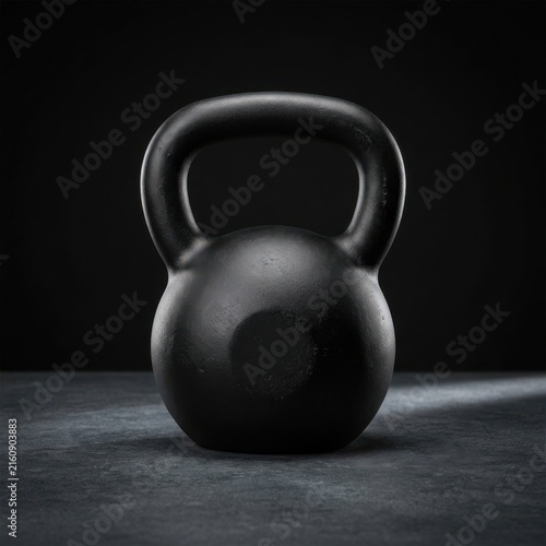 A black kettlebell stands on a textured surface against a dark background, highlighting its cast iron texture