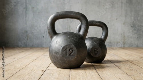 Two cast iron kettlebells numbered 12 and 8 resting on a wooden floor against a textured concrete wall