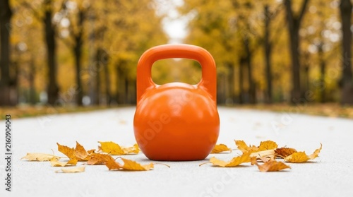 Orange kettlebell resting on a concrete path surrounded by fallen autumn leaves with a blurred tree background