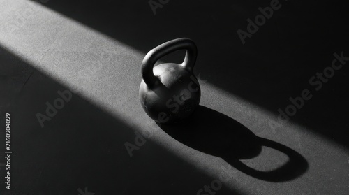 A single black kettlebell sits on a dark textured floor, dramatically illuminated by a narrow beam of bright light