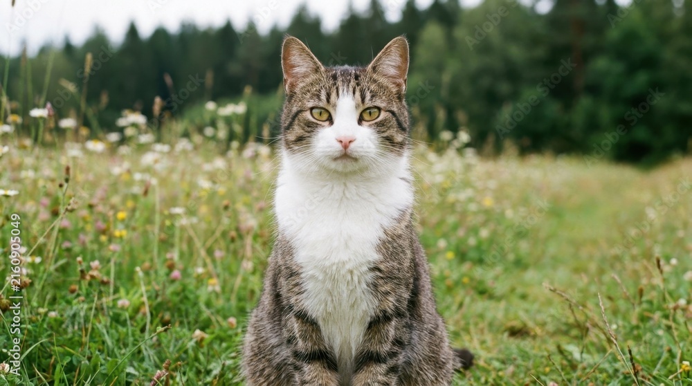 Naklejka premium Tabby Cat Sitting in a Field of Wildflowers with Forest Background.