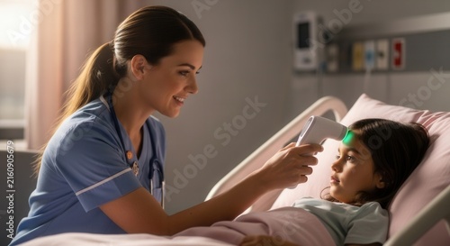 Caring nurse takes child's temperature with infrared thermometer in hospital room, close-up on patient and caregiver interaction