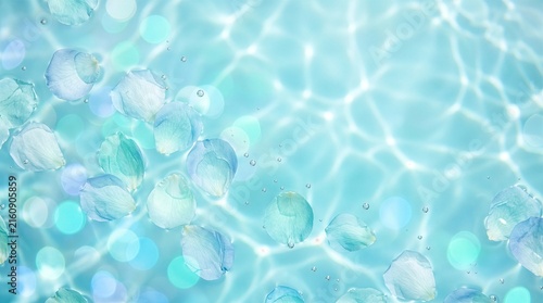繊細な透明な花びらと水中の光の横型背景