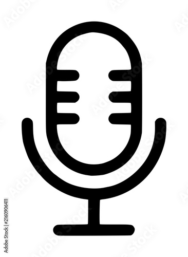 Vintage retro podcast microphone hand-drawn vector icon illustration in black outline, featuring classic broadcast studio design with stand and curved support, isolated on white background