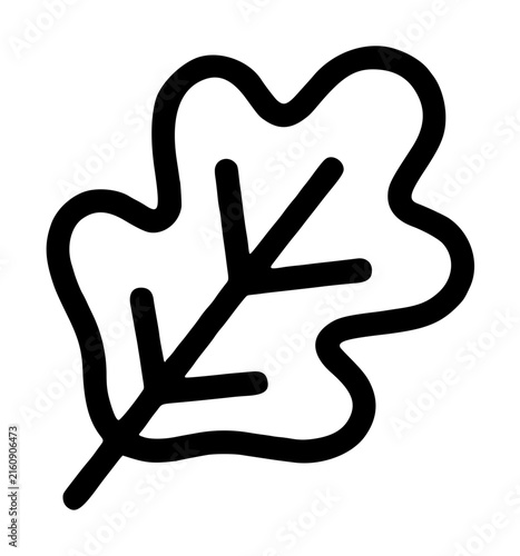 Hand-drawn oak leaf vector icon, minimalist black outline illustration of a lobed leaf with central vein and branching stems, simple botanical clip art on white background, perfect for nature designs