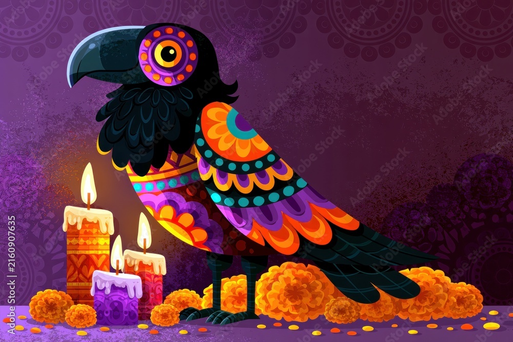 Naklejka premium Colorful Raven With Mexican Folk Patterns and Candles
