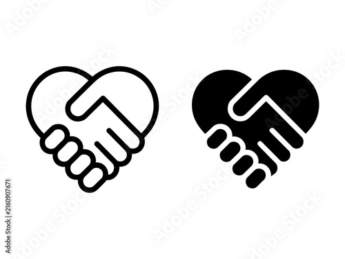 Teamwork handshake icon set, heart symbol with joined hands illustration, clean monochrome vector design for charity, collaboration, partnership and relationship concepts.
