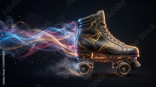 A dark leather roller skate with glowing golden patterns and colorful vapor trails on black