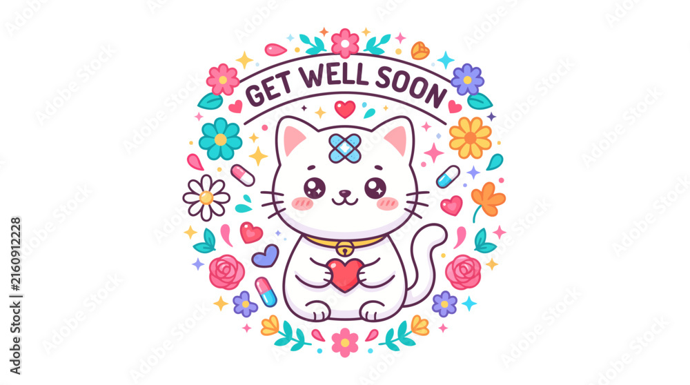 Fototapeta premium Cute cartoon cat vector illustration wearing a small blue bandage on its forehead while holding a red heart surrounded by colorful flowers and medicine pills for a get well message