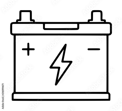 Bild auf Leinwand Minimalist black and white vector icon illustration of a car battery featuring a central lightning bolt symbol with plus and minus polarity signs for automotive energy and power storage