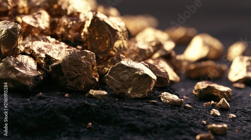 Gold nuggets scattered on a dark surface show their shiny and rugged surfaces under the light in this close-up view