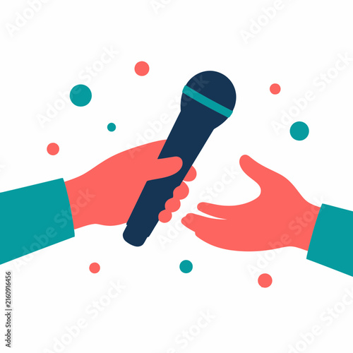 Vector illustration showing a hand in a teal sleeve handing a dark blue microphone to another hand, featuring a minimalist design with salmon-colored skin and colorful circular accents.