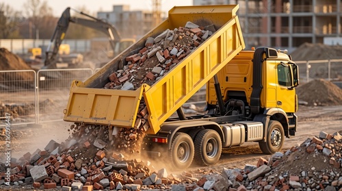 A yellow dump truck unloading debris on a construction site. The truck is tilted, and rubble is falling from its bed, creating dust. In the background.