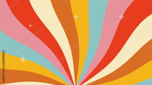 Retro colorful sunburst background with groovy rainbow rays and stars