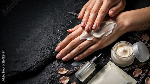 Skincare Routine: Hands Applying Luxury Cream on Dark Slate