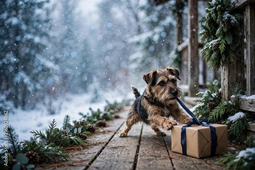 Snowy Walk: Cute Dog on Rustic Winter Boardwalk