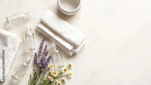 Spa arrangement with lavender, oils, and natural botanicals on marble