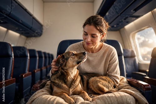 Woman and Dog Bonding During a Flight Journey