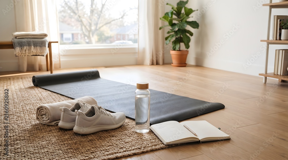 Fototapeta premium Home workout setup with yoga mat sneakers water bottle and open journal on bright wooden floor