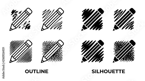 Foto Pencil Sketch Icons: A set of eight minimalist icons illustrating a pencil creating various sketched lines, from faint outlines to dense silhouettes, showcasing artistic texture and drafting detail