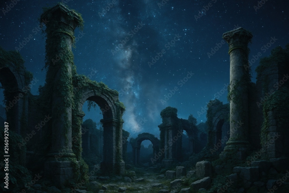 Fototapeta premium Ancient ruins under starry sky background